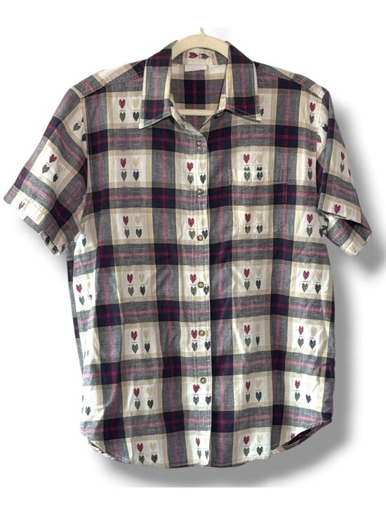 Vintage Tops - Vintage 80s Plaid Woven Hearts Cotton Short Sleeve Shirt Button Front - M